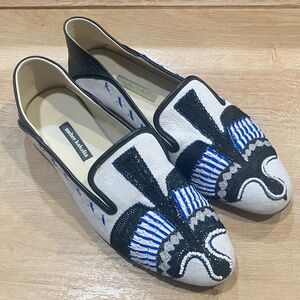 MEHER KAKALIA Womens  Anzu Moccasin Loafers Navy and white Beaded Embroidered